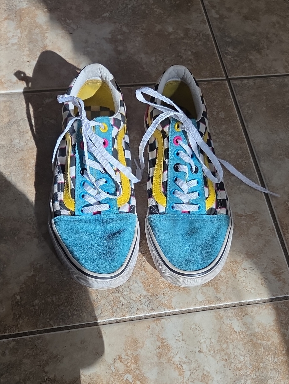 Vans Multicolor 80 style Checkered Lace-Up Sneakers with Blue Suede Toes